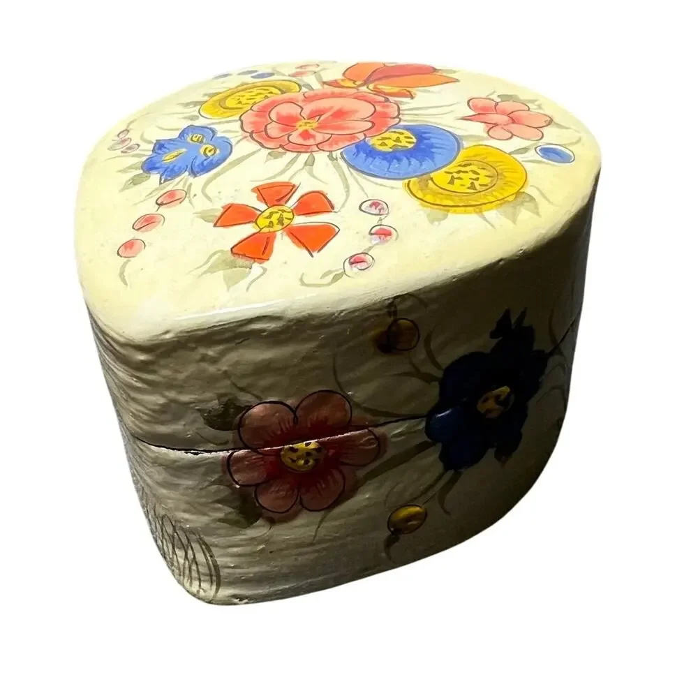 Vintage Heart Shaped Floral Trinket Box Hand Painted Folk Art Style